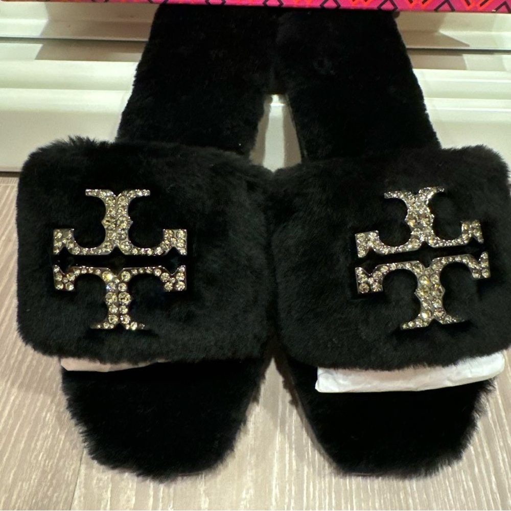 Tory Burch Black Furry Slippers with Gold Accents